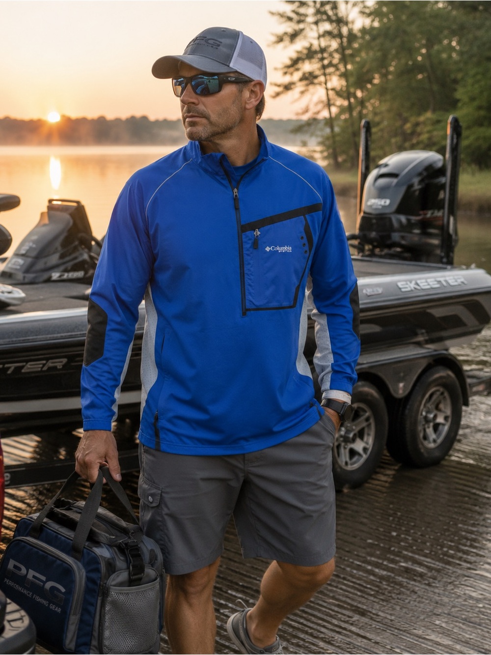 Columbia PFG Omni-Freeze ZERO 1/4 Zip Fishing Pullover Men's Large Blue